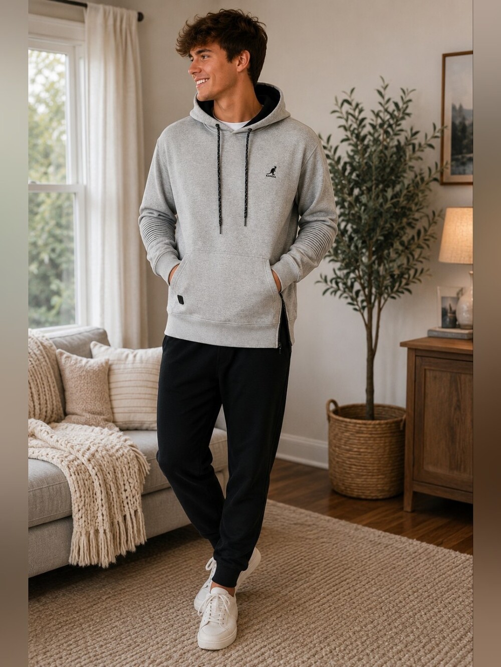 Kangol Men’s Heather Gray Pullover Hoodie Large Black Lined Streetwear